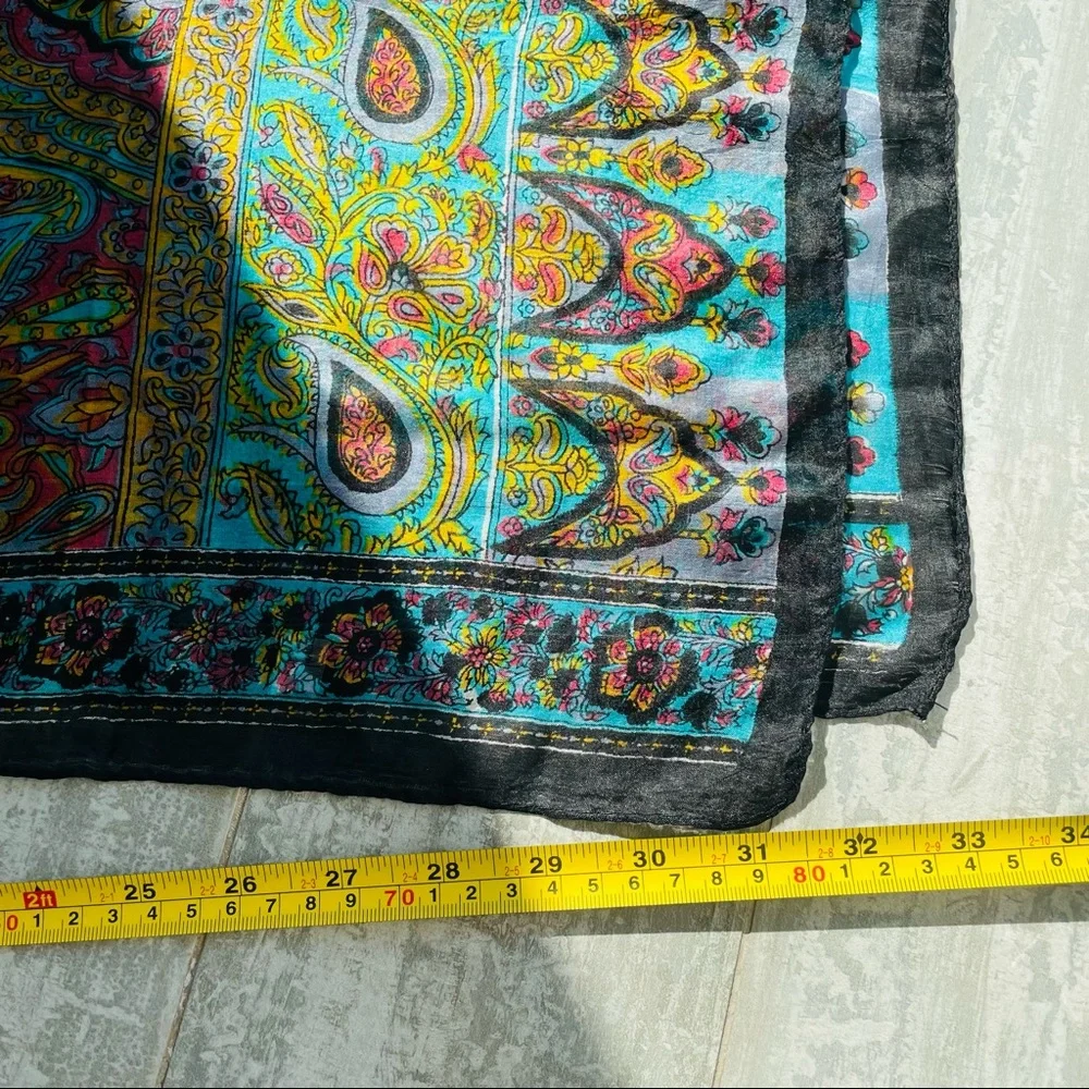 Vintage Genuine Silk Paisley Rainbow Rolled Hem Long Rectangular Women Men Scarf